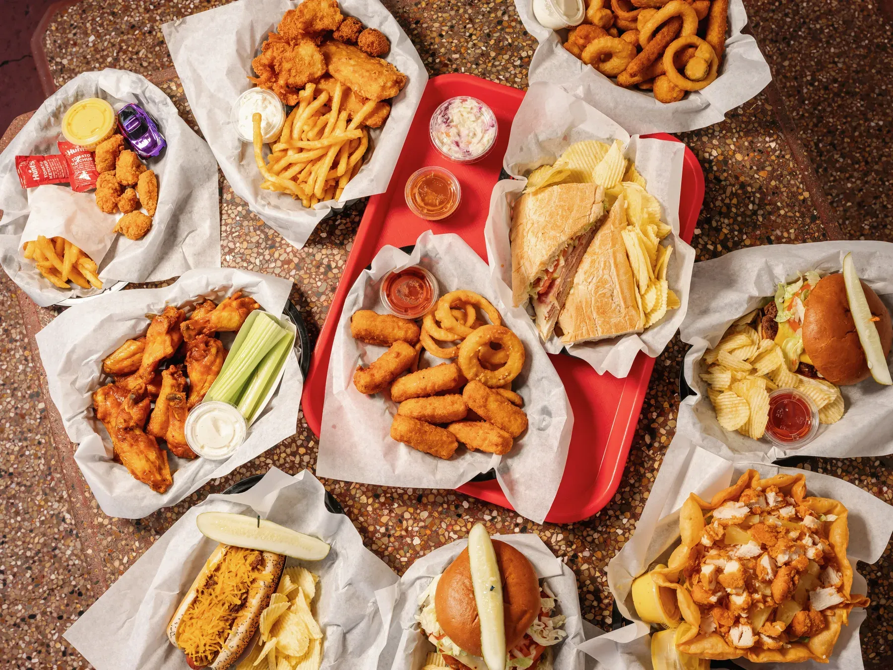 Burgers, hot dogs, wings, and baskets from Campbell's Dairyland