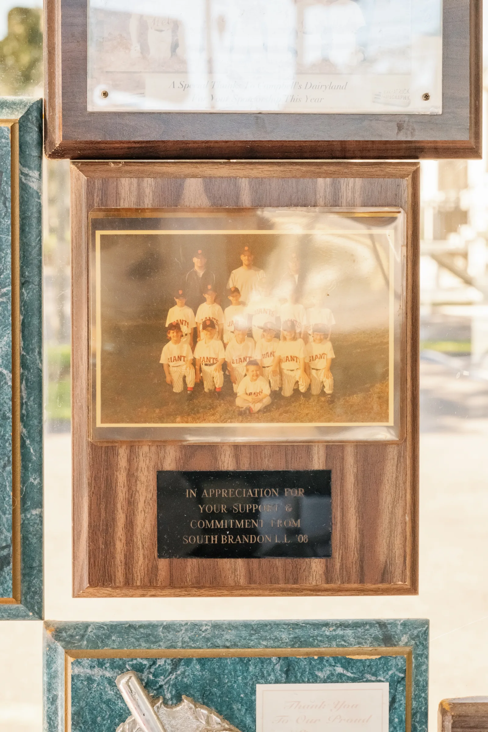 Appreciation plaque from South Brandon Little League thanking Campbell's Dairyland for community support