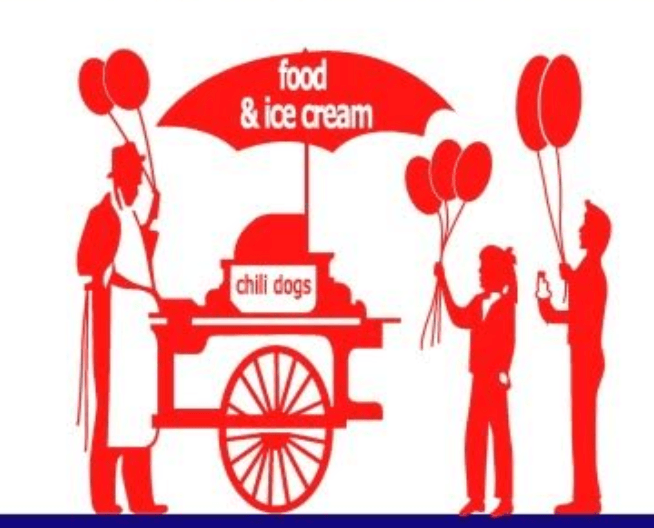 Original Campbell’s Dairyland logo artwork showing a hot dog cart, a vendor, and two children with balloons.