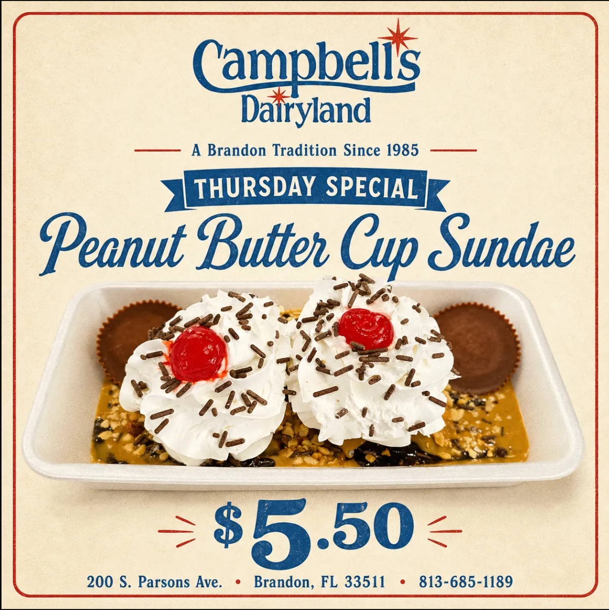 Example promotional poster — Peanut Butter Cup Sundae artwork (not confirmed as today’s live special)